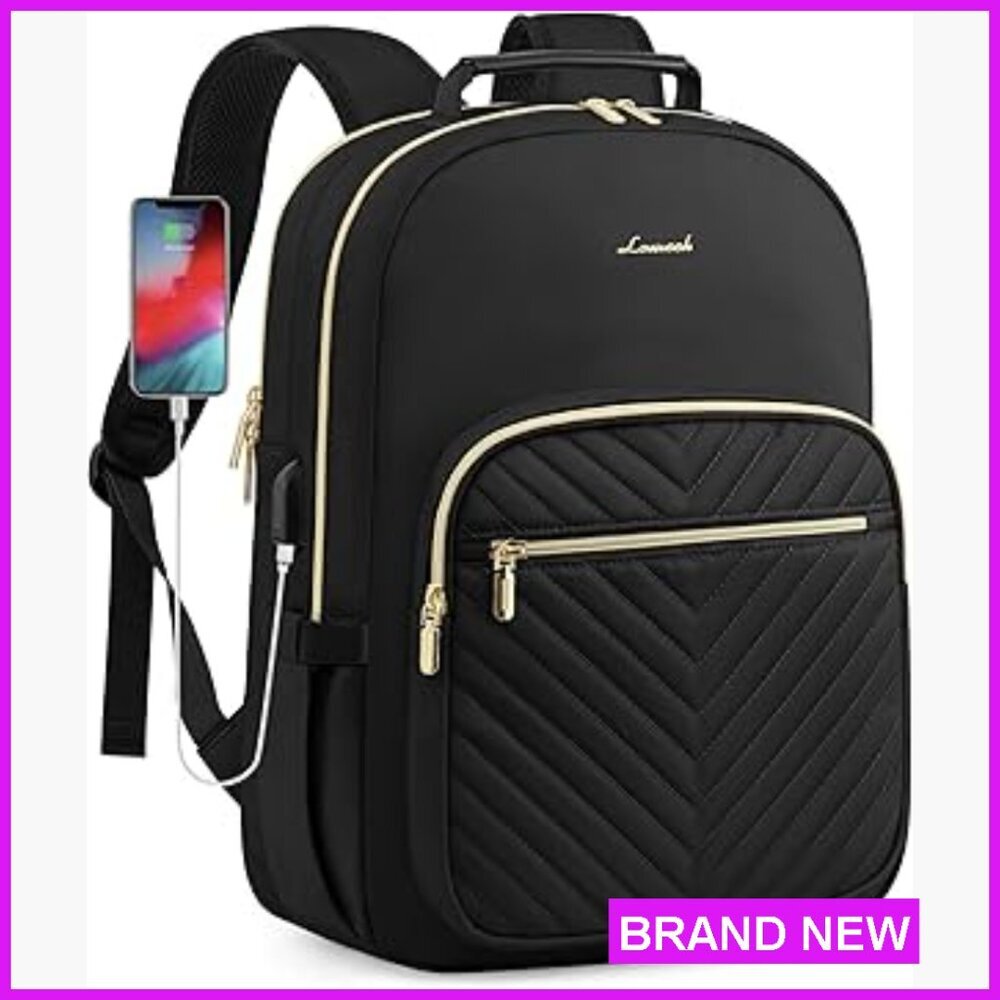 Quilted Laptop Backpack with USB Port, Stylish Work Travel Daypack for Women